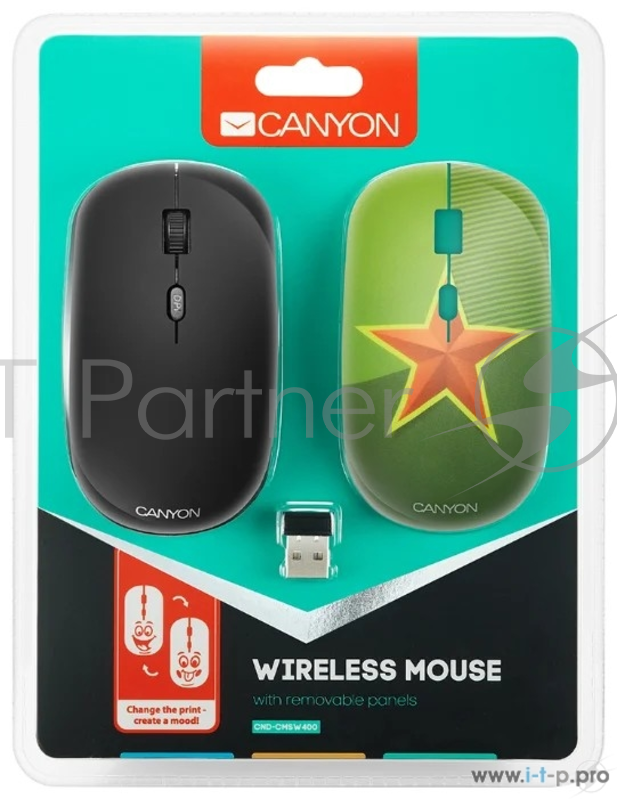 Беспроводная мышь CANYON CND-CMSW400S {wireless Optical Mouse with 4 buttons, DPI 800/1200/1600, 1 additional cover(Red Star), black, 103*58*32mm, 0.087kg, 2.4GHz}