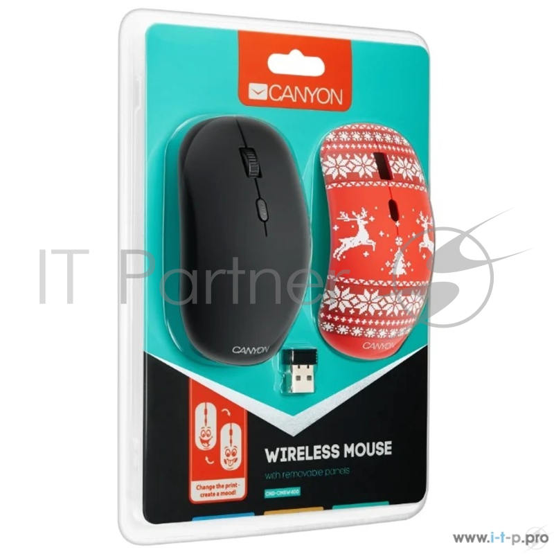 Беспроводная мышь CANYON CND-CMSW401JR {wireless Optical Mouse with 4 buttons, DPI 800/1200/1600, 1 additional cover(Jersey Red), black, 103*58*32mm, 0.087kg, 2.4GHz}