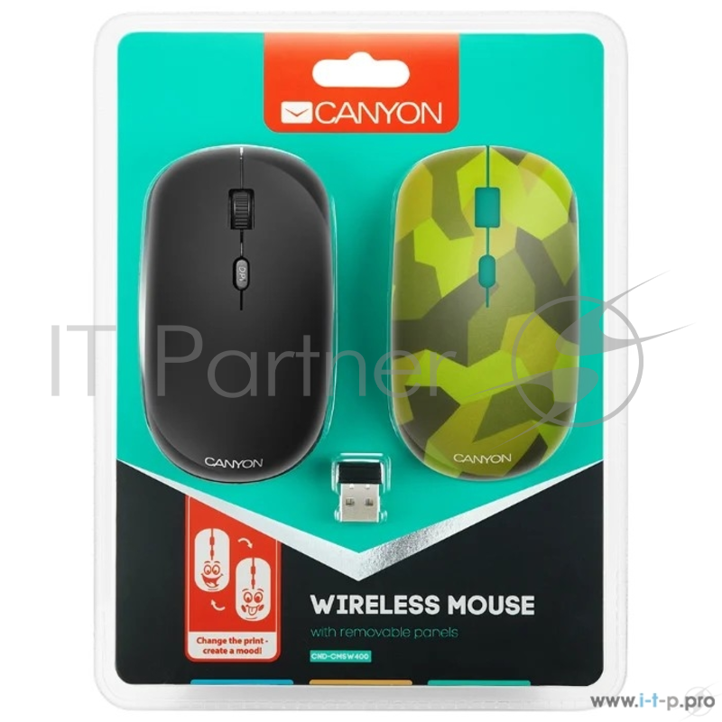 Беспроводная мышь CANYON CND-CMSW400M {wireless Optical Mouse with 4 buttons, DPI 800/1200/1600, 1 additional cover(Military), black, 103*58*32mm, 0.087kg, 2.4GHz}