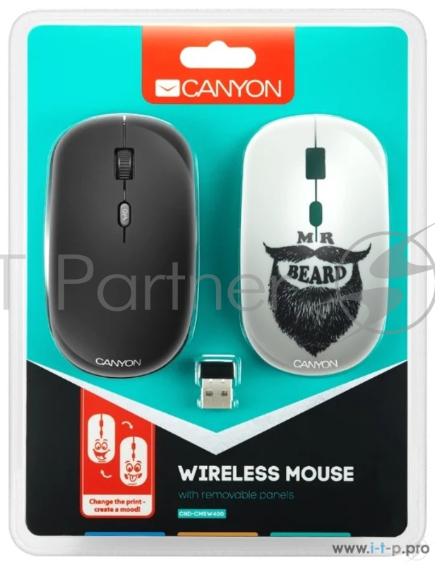 Беспроводная мышь CANYON CND-CMSW401BD {wireless Optical Mouse with 4 buttons, DPI 800/1200/1600, 1 additional cover(Beard), black, 103*58*32mm, 0.087kg, 2.4GHz}