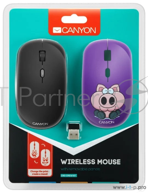 Беспроводная мышь CANYON CND-CMSW401PB {wireless Optical Mouse with 4 buttons, DPI 800/1200/1600, 1 additional cover(Pig Boxer), black, 103*58*32mm, 0.087kg, 2.4GHz}
