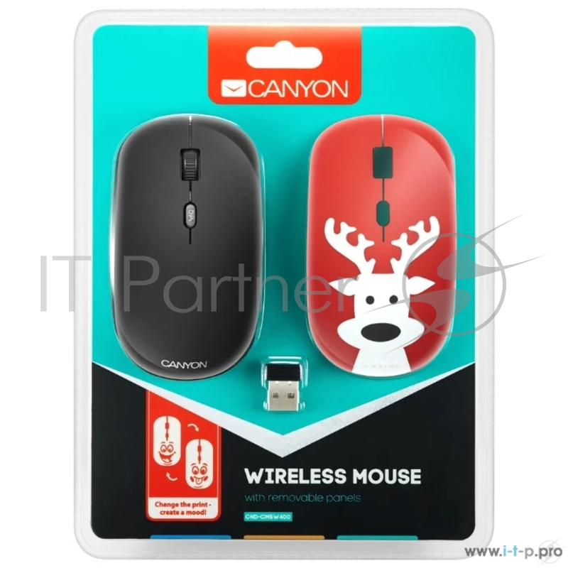 Беспроводная мышь CANYON CND-CMSW401DR {wireless Optical Mouse with 4 buttons, DPI 800/1200/1600, 1 additional cover(Deer), black, 103*58*32mm, 0.087kg, 2.4GHz}