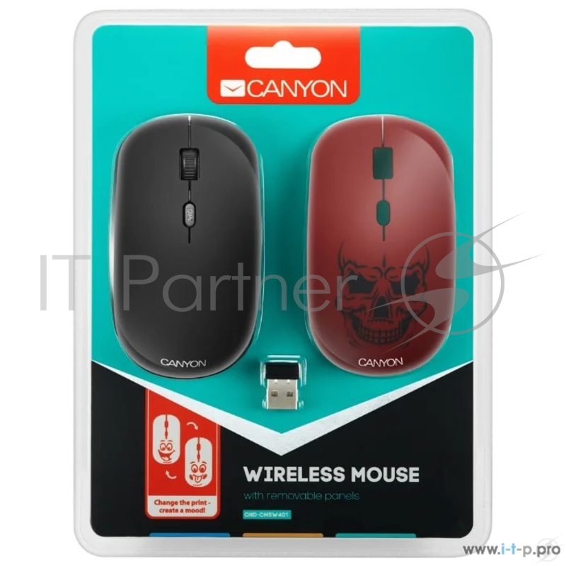 Беспроводная мышь CANYON CND-CMSW401RS {wireless Optical Mouse with 4 buttons, DPI 800/1200/1600, 1 additional cover(Red skull), black, 103*58*32mm, 0.087kg, 2.4GHz}