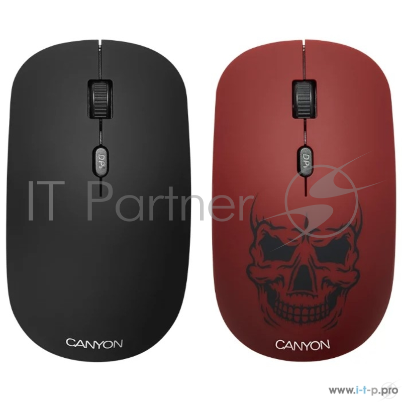 Беспроводная мышь CANYON CND-CMSW401RS {wireless Optical Mouse with 4 buttons, DPI 800/1200/1600, 1 additional cover(Red skull), black, 103*58*32mm, 0.087kg, 2.4GHz}