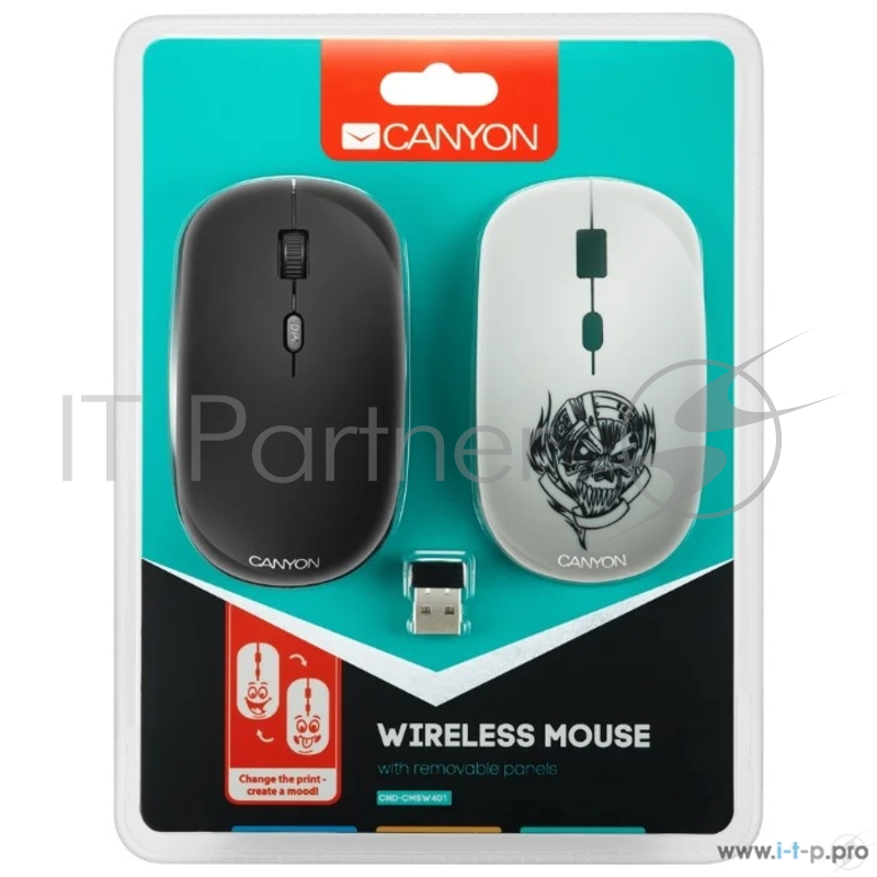 Беспроводная мышь CANYON CND-CMSW401MC {wireless Optical Mouse with 4 buttons, DPI 800/1200/1600, 1 additional cover(Metallica), black, 103*58*32mm, 0.087kg, 2.4GHz}