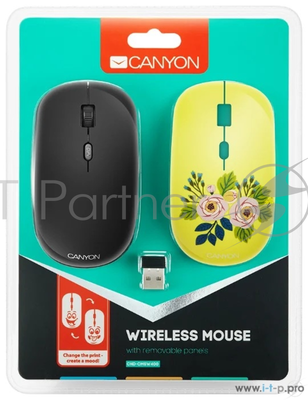Беспроводная мышь CANYON CND-CMSW400R {wireless Optical Mouse with 4 buttons, DPI 800/1200/1600, 1 additional cover(Roses), black, 103*58*32mm, 0.087kg, 2.4GHz}
