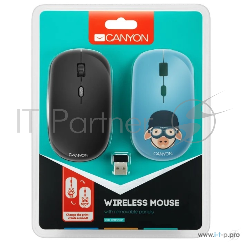 Беспроводная мышь CANYON CND-CMSW401MP {wireless Optical Mouse with 4 buttons, DPI 800/1200/1600, 1 additional cover(Military Pig), black, 103*58*32mm, 0.087kg, 2.4GHz}