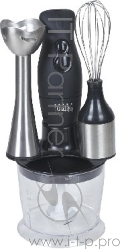 Блендер DELTA DL-7012D черный(Мощность 200 Вт. 2 скоростных режима. 3 типа сменных насадок: - насадка для смешивания – насадка для взбивания – измельчитель. Объем чаши измельчителя 0,5 л. Цвет черный.)