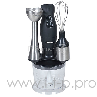 Блендер DELTA DL-7012D черный(Мощность 200 Вт. 2 скоростных режима. 3 типа сменных насадок: - насадка для смешивания – насадка для взбивания – измельчитель. Объем чаши измельчителя 0,5 л. Цвет черный.)