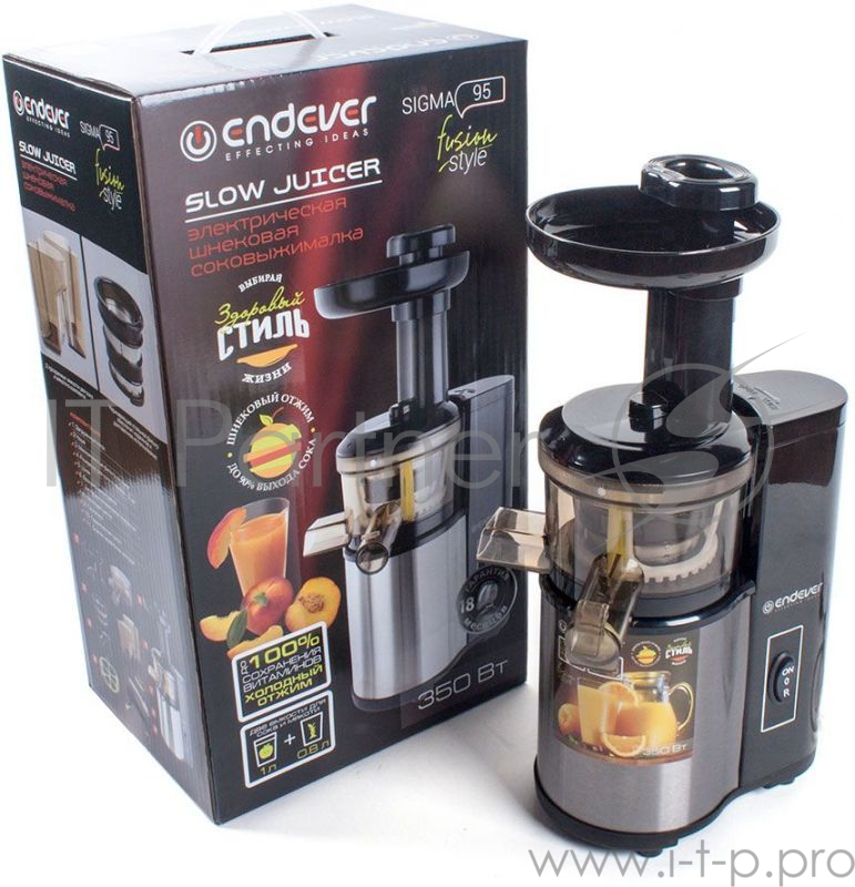 соковыжималка ENDEVER SIGMA-95 шнековая(Мощность (Вт): 350 Номинальное напряжение (В): 220 В, 50 Гц Материал корпуса: сталь/пластик Объем резервуара для сока (л): 1 Объем резервуара для мякоти (л): 0,8 Длина шнура (м): 1,1 Габариты (Ш*В*Г): 20*14,5*
