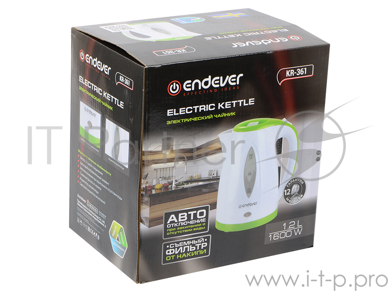 Чайник электрический Endever Skyline KR-361, белый-зеленый, мощность 2100 Вт, емкость 1,2 л, пластиковый корпус, скрытый нагр.элем .