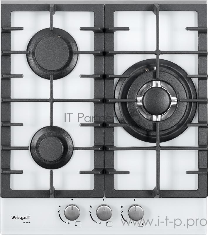 Встраиваемые газовые панели Weissgauff Газ, 45x51 см, газовая, закаленное стекло, независимая, электроподжиг, газ-контроль, чугунные решетки, WOK, белая