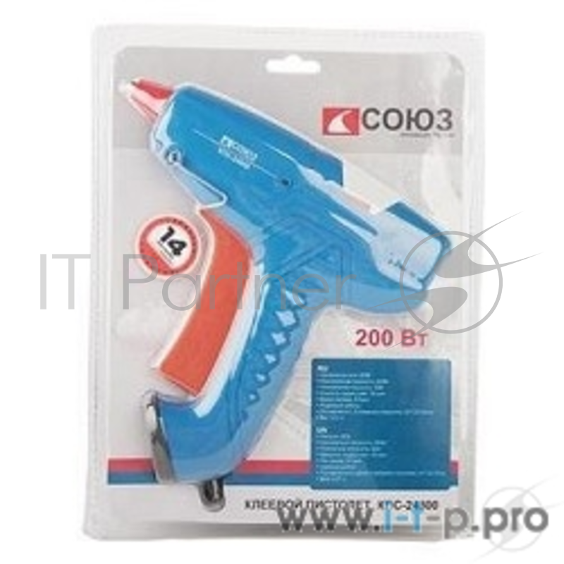 Фены, Термопистолеты СОЮЗ КПС-24800 Пистолет клеевой СОЮЗ, 200Вт, 18г/мин, диам 11мм, индикация,блистер,2 стержня в компл КПС-24800