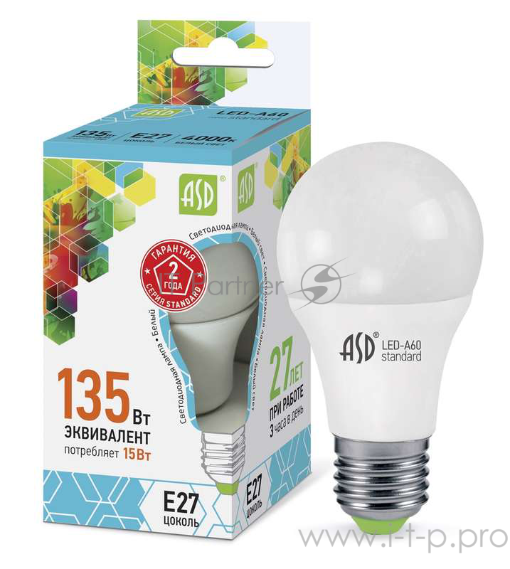 Лампа светодиодная ASD LED-A60-standard 15Вт 160-260В Е27 4000К 1350Лм