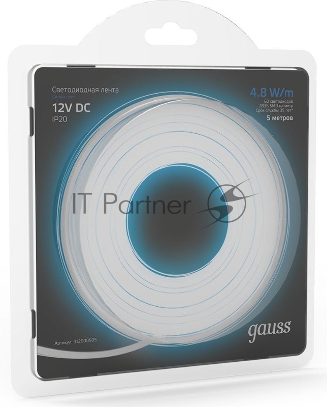 Лента светодиодная GAUSS 312000505 LED 2835/60-SMD 4.8W 12V DC синий блистер 5м