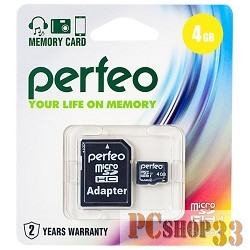 Карта памяти Micro SecureDigital 4Gb Perfeo PF4GMCSH4A {MicroSDHC Class 4, SD adapter}