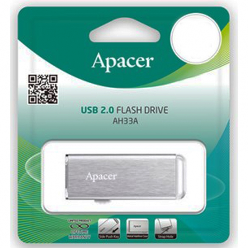 Флеш накопитель 16GB Apacer AH33A USB Flash AP16GAH33AS-1 USB 2.0, Silver, Metal case, RTL (916020)
