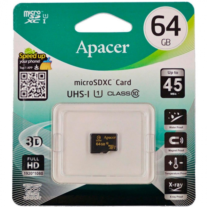 Флеш память microSDHC 64GB Apacer Memory Card AP64GMCSX10U1-RA UHS-I U1 Class 10, RTL (898845