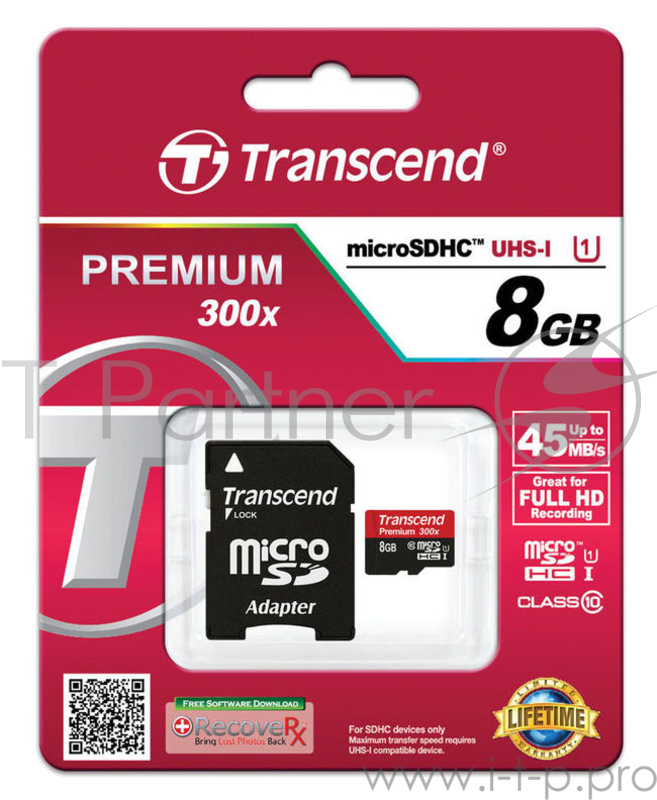 Карта памяти Micro SecureDigital 8Gb Transcend TS8GUSDU1 {MicroSDHC Class 10 UHS-I, SD adapter}