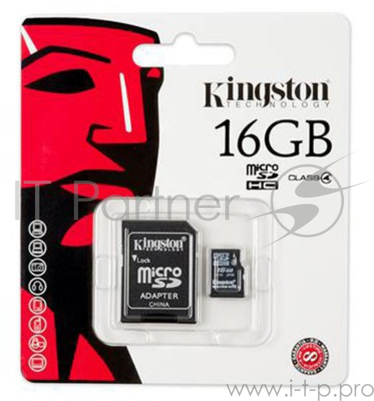 Карта памяти Micro SecureDigital 16Gb Kingston SDC4/16GB {MicroSDHC Class 4, SD adapter}