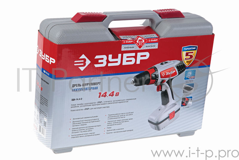 Дрель, Шуруповерт ЗУБР ЗДА-14.4-2 Дрель-шуруповерт ЗДА-14.4-2 {аккум, 0-400/0-1150об/мин, 14.4В, эл тормоз, в кейсе, ПРОМО}