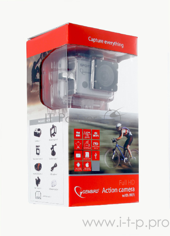 Цифровые камеры Gembird Экшн-камера Gembird ACAM-003, 8MP, 1920 x 1080 FHD (60 fps), WIFI, ЖК дисплей 2.0', TF/Micro SDHC, USB 2.0, подводный бокс + крепления.