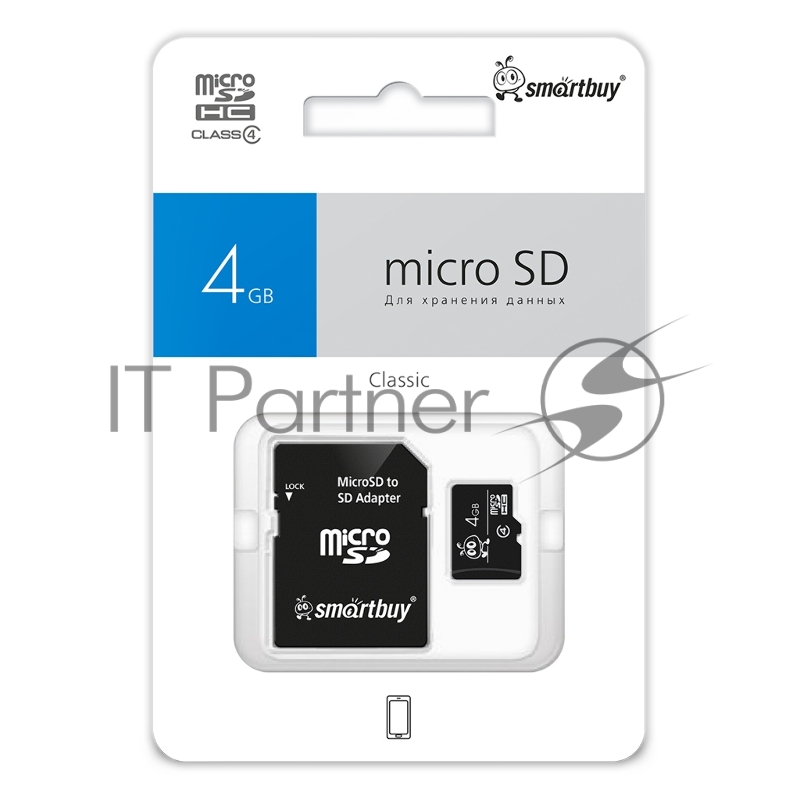 Карта памяти Micro SDHC 4GB Smartbuy Сlass 4 (с адаптером SD)