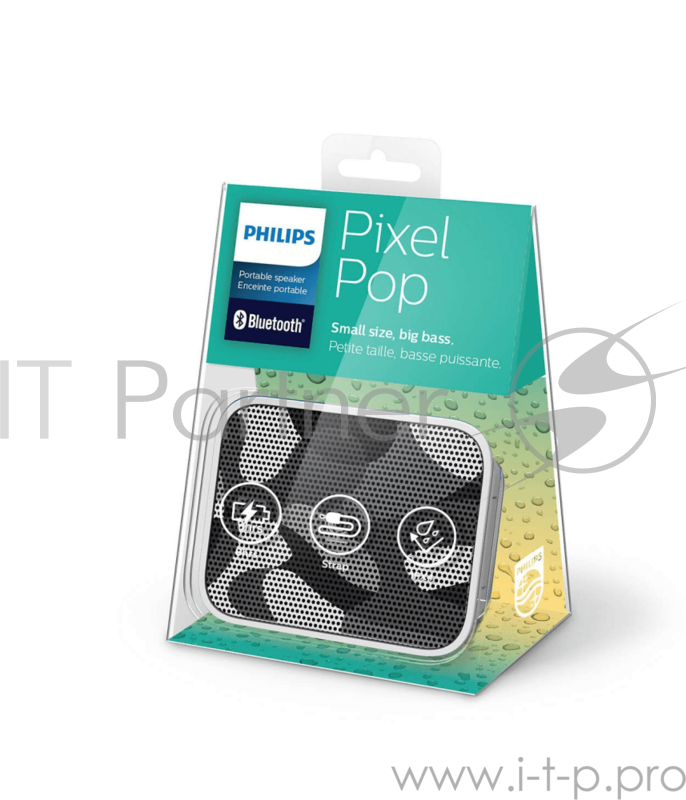 Беспрводная акустика Philips Беспрводная акустика Philips/ Беспроводная акустика Pixel Pop, Bluetooth, 4 Вт, встроенный басовый радиатор, работа от аккумулятора, встроенный микрофон для громкой связи, IPX4, прорезиненный корпус, ремешок в комплекте,