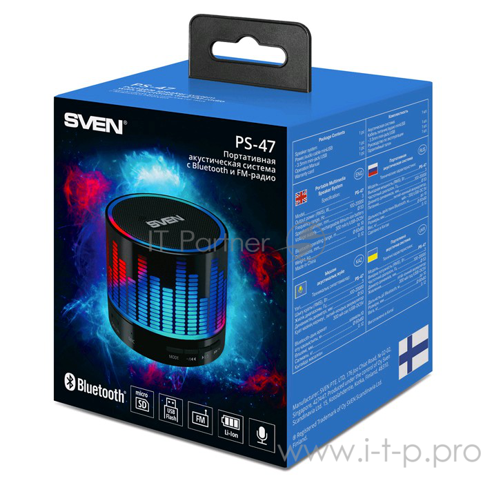 Портативная колонка SVEN PS-47(3 Вт, встроенный аккумулятор, FM-тюнер, USB, microSD) черный