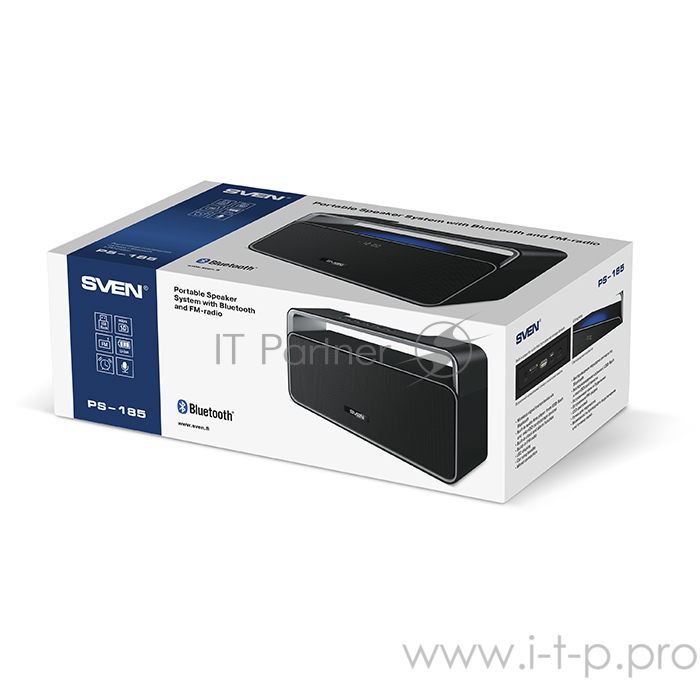 Акустическая система SVEN PS-185, черный, акустическая система 2.0, мощность 2x5 Вт (RMS), Bluetooth, FM, USB, microSD, LED-дисплей, часы, будильник, ручка для переноски, встроенный аккумулятор) SVEN PS-185, черный, акустическая система 2.0, мощность