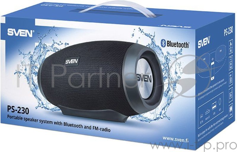 Портативная колонка Sven PS-230 2.0 black (2x6W, IPx5, мобильные, USB, Bluetooth, micro SD, FM-радио, 1500 мA)