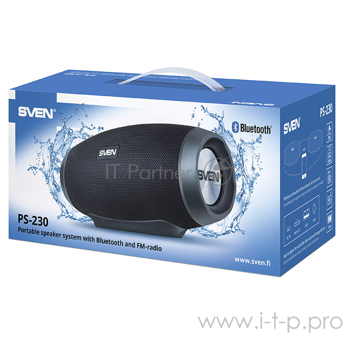 Портативная колонка Sven PS-230 2.0 black (2x6W, IPx5, мобильные, USB, Bluetooth, micro SD, FM-радио, 1500 мA)