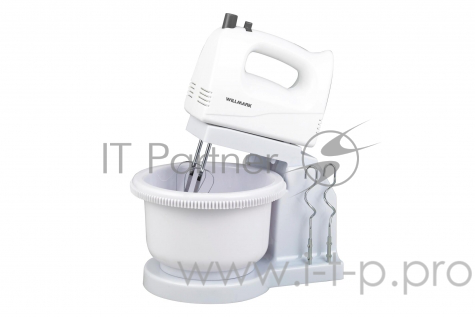 Миксер WILLMARK WHM-510B ( 5 cкор., 2 насадк., 2 венчика, чаша 2 л., 100 Вт., белый)