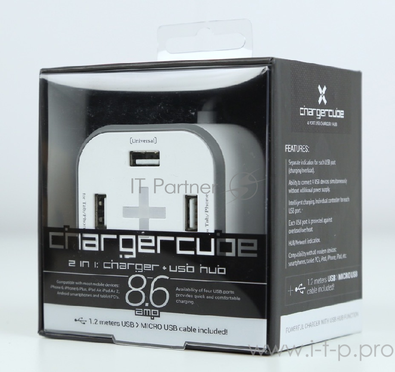 Зарядная станция Bliss Chargercube 220V-5V USB 4 портов, 8.6A суммарно (4*2.4A(max))+USB2.0 HUB