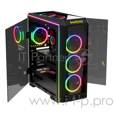 Игровой корпус чёрный Gamdias TALOS P1A (E-ATX, закаленное стекло, RGB fan 3x120 мм, 3xUSB 3.0, 2xUSB 2.0, HD Audio)