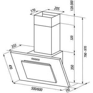 Вытяжка MONSHER TEXNO 60 B Наклонная вытяжка, ширина 60 см, отвод/рециркуляция, 650 м3/час, механическое кнопочное управление, 3 скорости, светодиодное освещение 2*3 Вт, металлические жироулавливающие фильтры, угольный фильтр (опция), цвет: чёрный
