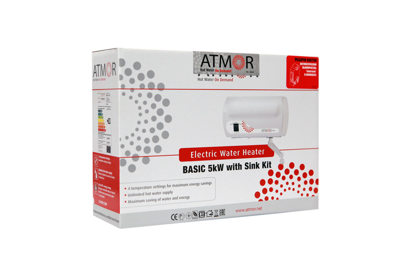 Водонагреватель Atmor BASIC 5 KW TAP проточный кухонный гусак комплект сменных и уплотнительных колец, Механическое управление. Две клавиши переключения мощности - 2кв и 3кв. 2 года