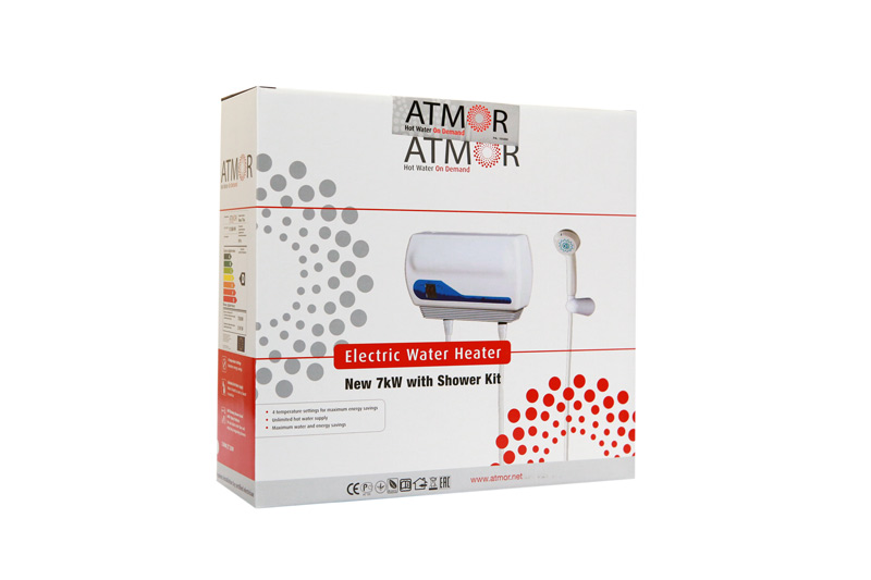 Водонагреватель Atmor 7K Душ (shower) проточный душевая головкагибкий шланг с оплеткой (для входа воды) -0,3м гибкий шланг для душевой головки - 1,5м кронштейн, Механическое управление. 2 года