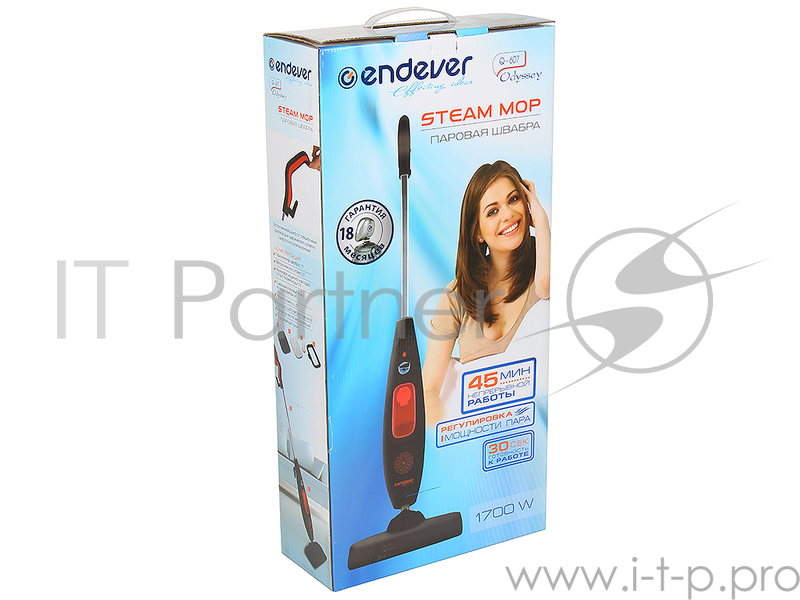 Паровая швабра ENDEVER ODYSSEY Q-607, черный, производительность пара 30 г/мин, мощность 1200 Вт, давление пара - 1,5 бар, емкость бака 380 мл
