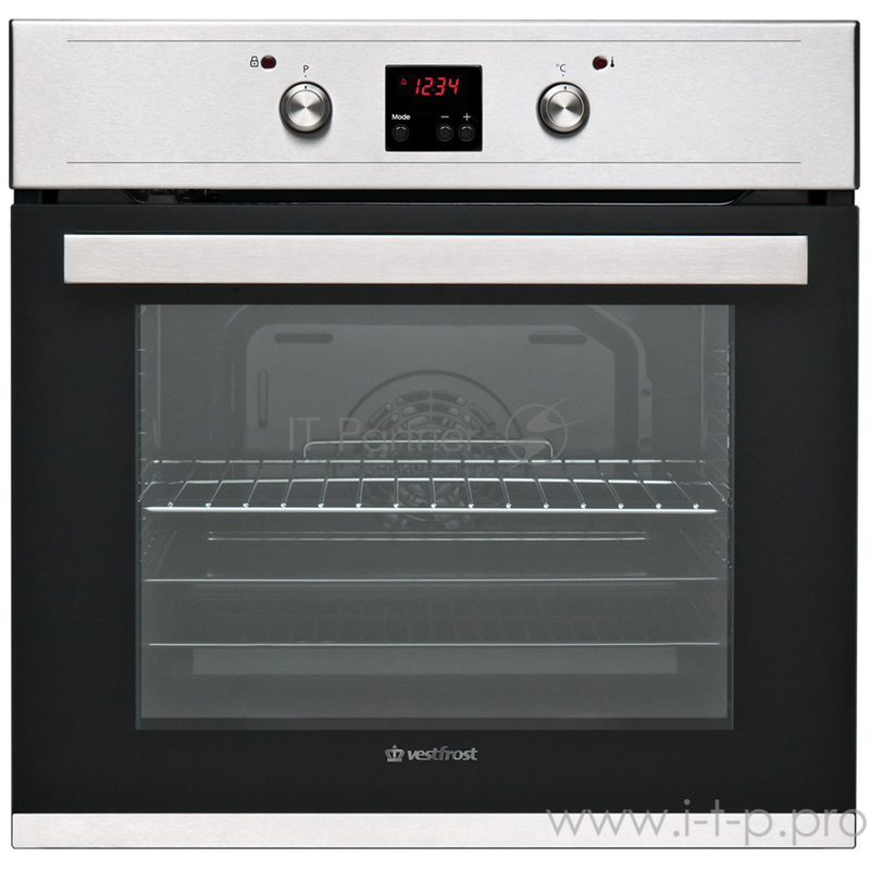 Встраиваемые электрические духовки Vestfrost 59,5х57,5х55, 68л, 6 режимов, гриль, таймер, пиролиз, дисплей, черный + панель нерж.сталь