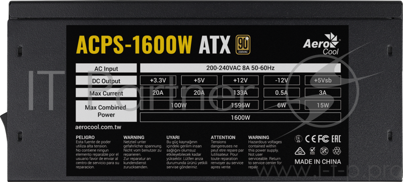 Блок питания для майнинга Aerocool 1600W Retail ACPS-1600W для VGA , ATX, A.PFC, КПД >87%, 20+4P*1, 4+4P*1, PCIe 6+2P*12, PATA*5, SATA*7, fan 14cm