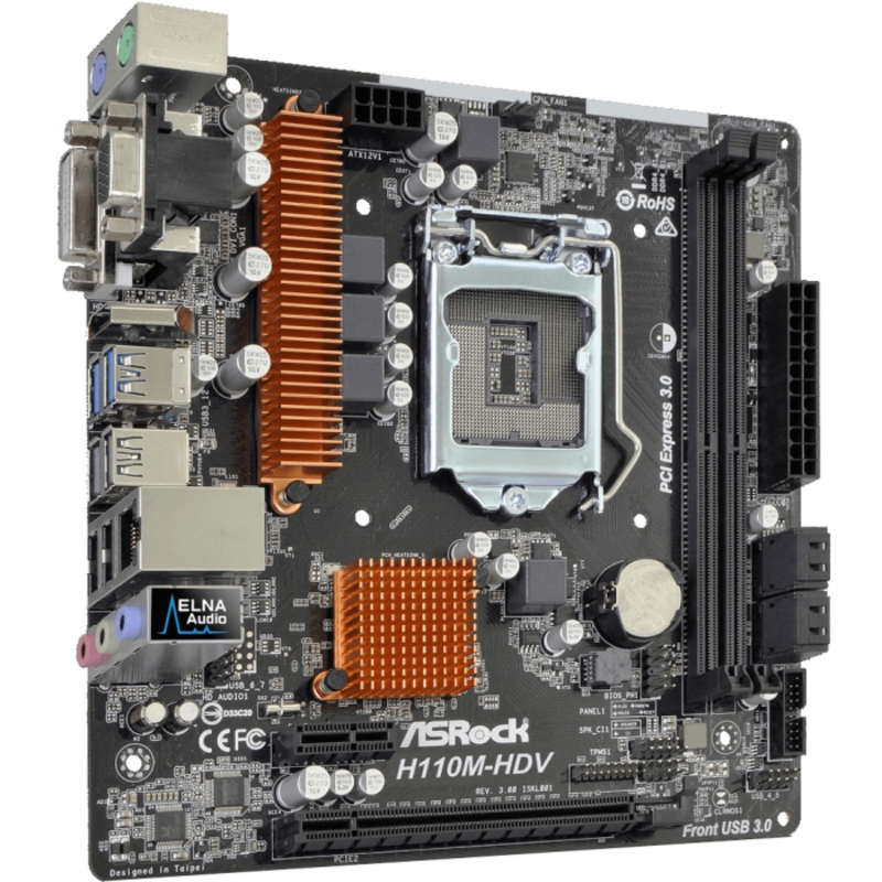 Материнская плата H110M-HDV R3.0, Socket 1151, Intel®H110, 2xDDR4-2133, D-SUB+DVI-D+HDMI, 1xPCI-Ex16, 1xPCI-Ex1, 4xSATA3, 8 Ch Audio, GLan, (4+2)xUSB2.0, (2+2)xUSB3.0, 2xPS/2, mATX, OEM