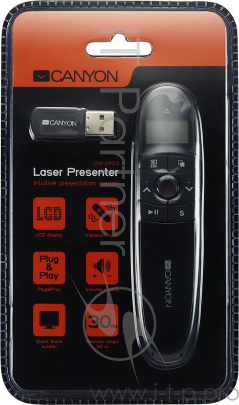 Беспроводной презентер CANYON CNS-CP03, 2.4Ghz laser wireless presenter, red laser indicator, LCD display timer, Black