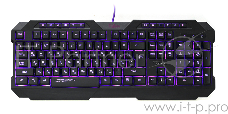 Клавиатура Qumo Fallen K02, проводная, 104 + 12 клавиш мультимедиа, встроенные подсветки общая + кнопок 3 цвета