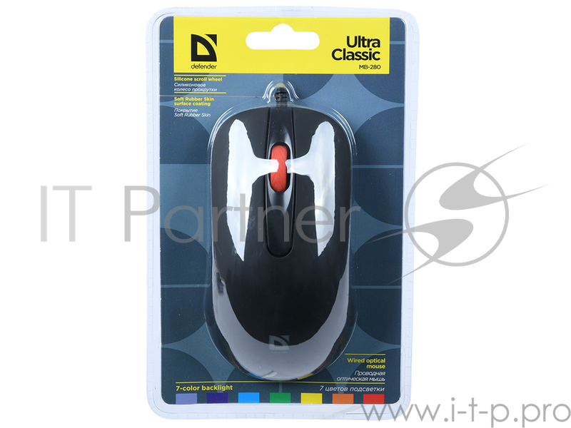 Проводная оптическая мышь Defender Ultra Classic MB-280 7цветов,3кнопки,1000dpi,черный