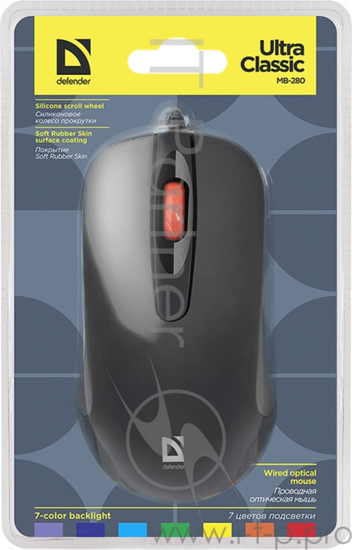 Проводная оптическая мышь Defender Ultra Classic MB-280 7цветов,3кнопки,1000dpi,черный