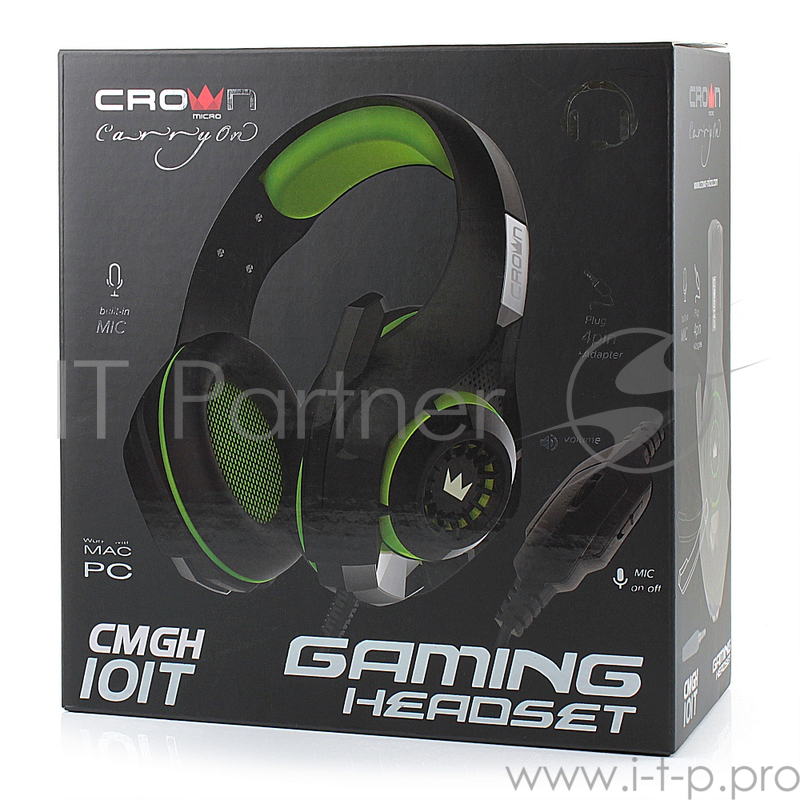 Наушники CROWN CMGH-101T Black&green (Подключение jack 3.5мм 4pin+ адаптер 2*jack spk+mic,Частотныи? диапазон: 20Гц-20,000 Гц ,Кабель 2.1м,Размер D 250мм, регулировка громкости, микрофон на ножке)