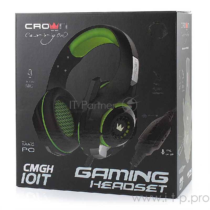 Наушники CROWN CMGH-101T Black&green (Подключение jack 3.5мм 4pin+ адаптер 2*jack spk+mic,Частотныи? диапазон: 20Гц-20,000 Гц ,Кабель 2.1м,Размер D 250мм, регулировка громкости, микрофон на ножке)