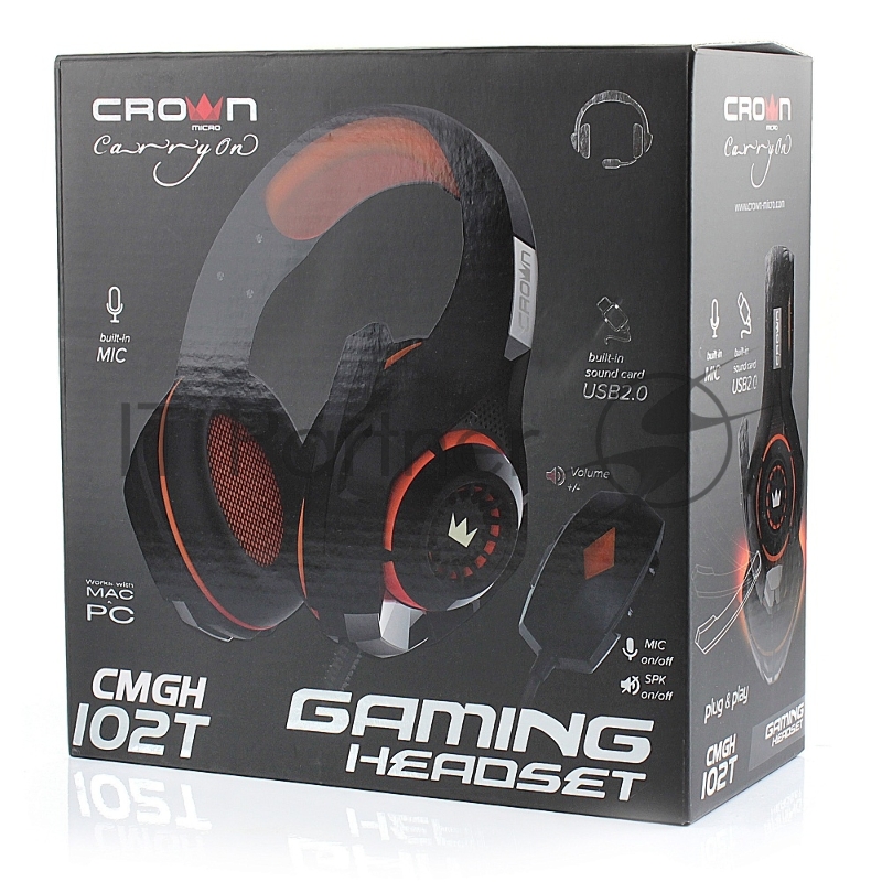 Наушники CROWN CMGH-102T Black&orange (Подключение USB, встроенная аудио карта, Частотныи? диапазон: 20Гц-20,000 Гц ,Кабель 2.1м,Размер D 250мм)