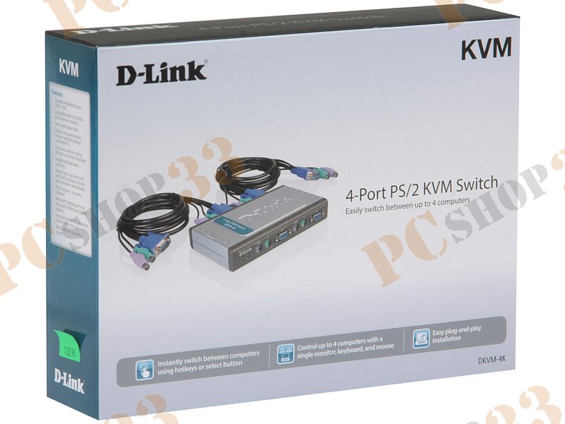 Переключатель KVM на 4 ПК D-Link DKVM-4K/A7B монитор (D-Sub), клавиатура (PS/2), мышь (PS/2)
